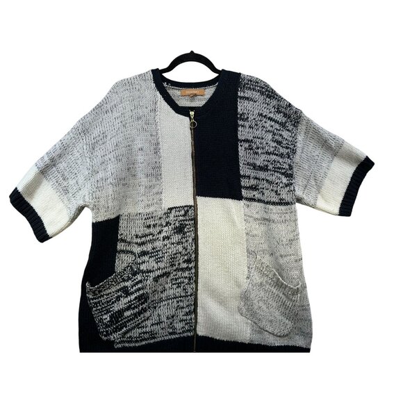Ellen Tracy Womens Patchwork Zip Knit Cardigan Sweater XL Black & White Blend - Picture 4 of 12